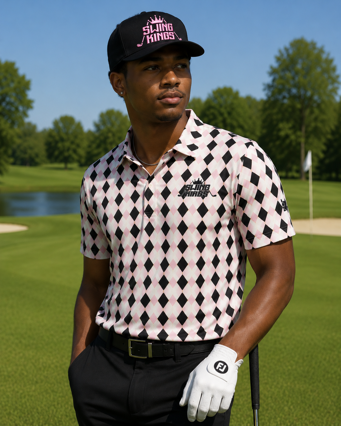 Black and Pink Swing Kings Water-Resistant Snapback Hat